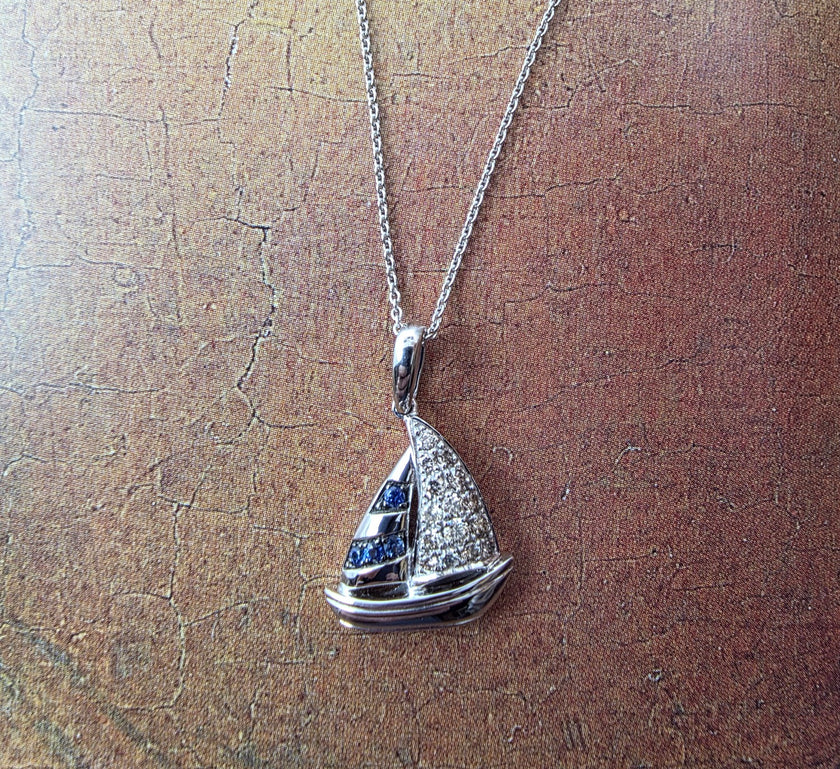 Playful Design LeVian Sailboat Sapphire Pendant with Nude Diamonds in 14K Vanilla Gold