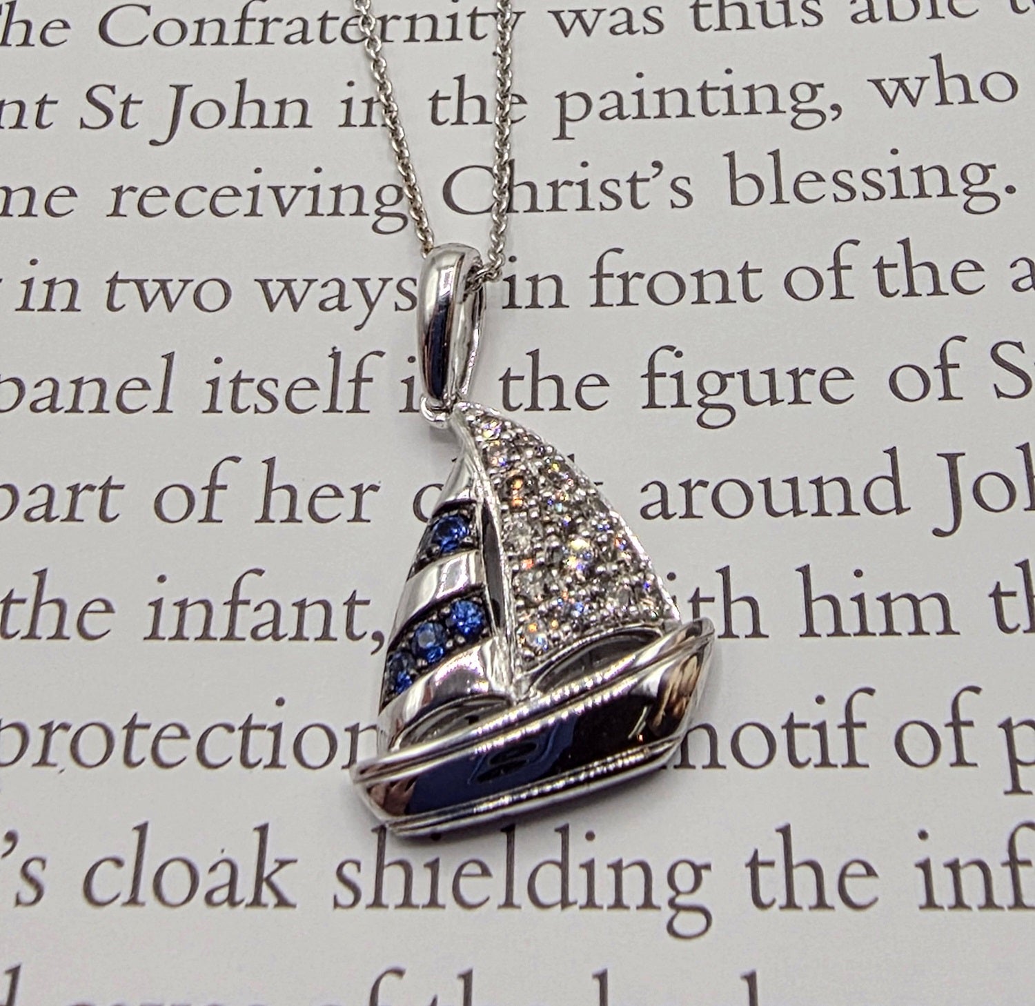 Playful Design LeVian Sailboat Sapphire Pendant with Nude Diamonds in 14K Vanilla Gold