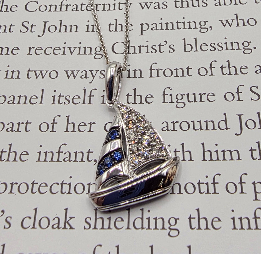 Playful Design LeVian Sailboat Sapphire Pendant with Nude Diamonds in 14K Vanilla Gold