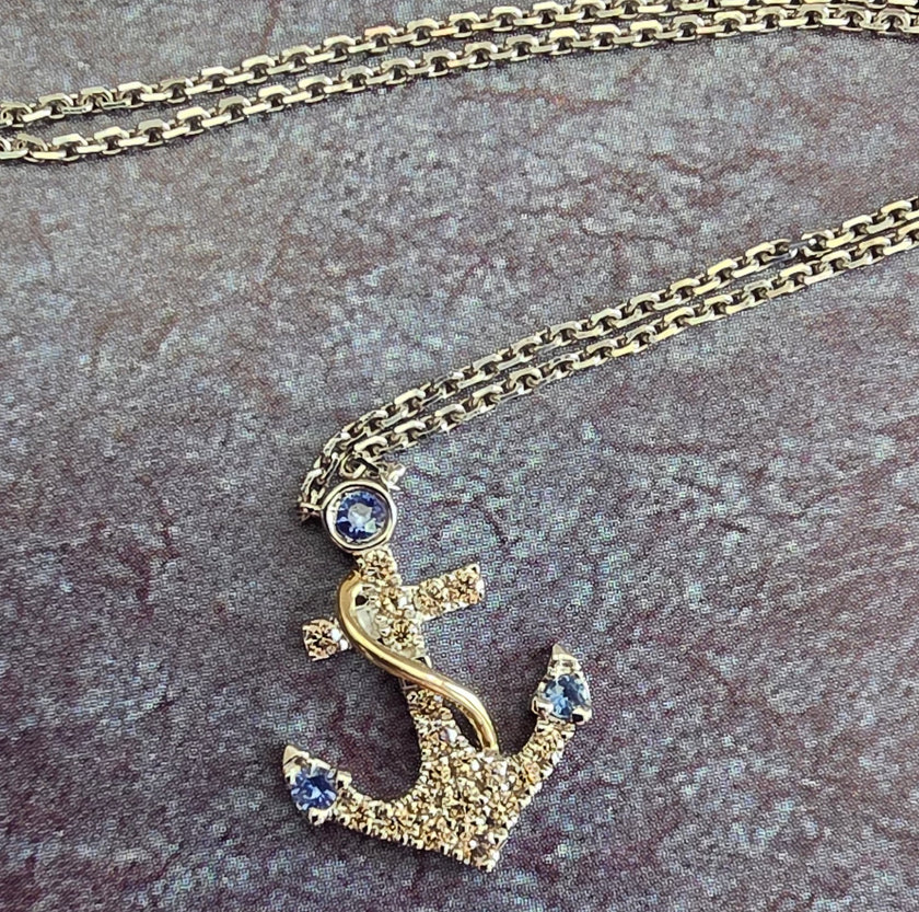 Anchors Away LeVian Sapphire Pendant with Nude Diamonds in 14K 2-Tone Vanilla Gold