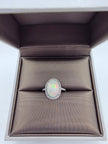 Fiery Oval Shape Opal and Pave Diamond Halo Ring in 14K White Gold