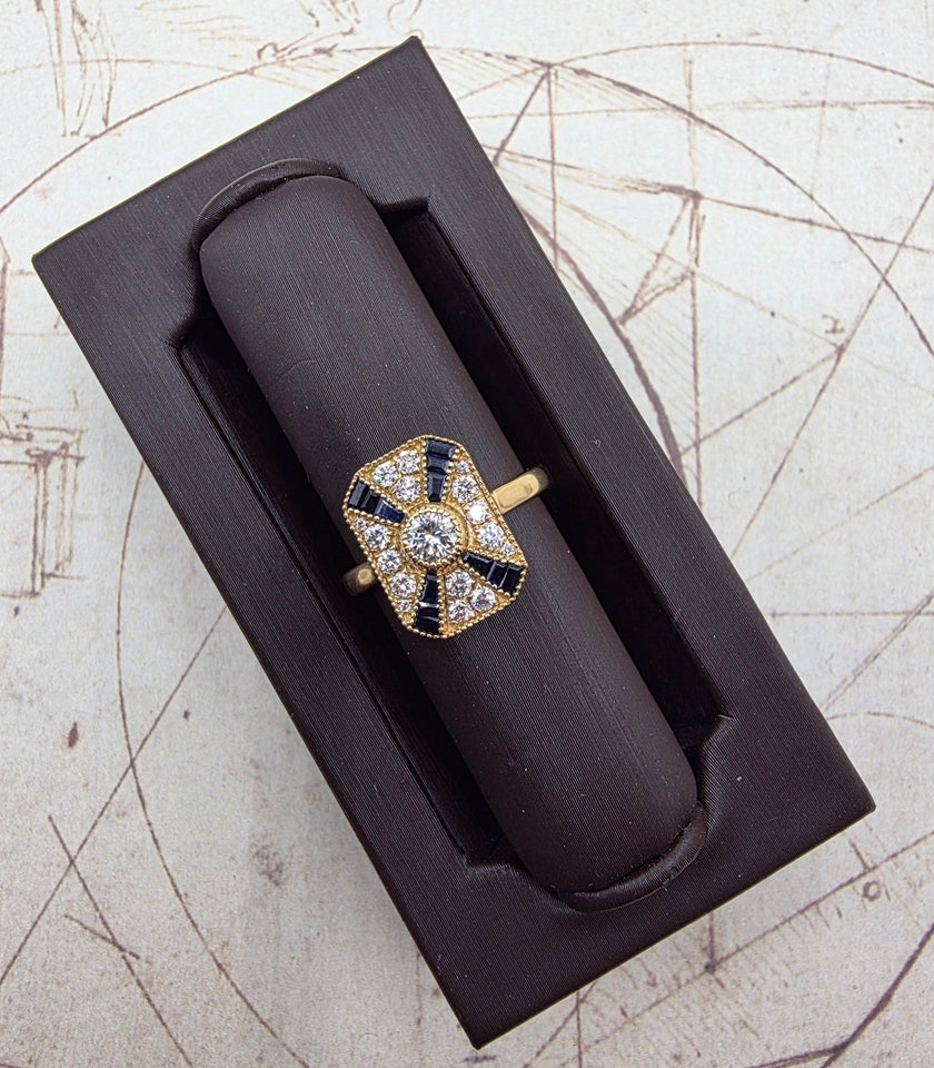 One of A Kind Custom Designed Antique Inspired Vintage Sapphire and Diamond Ring in 14K