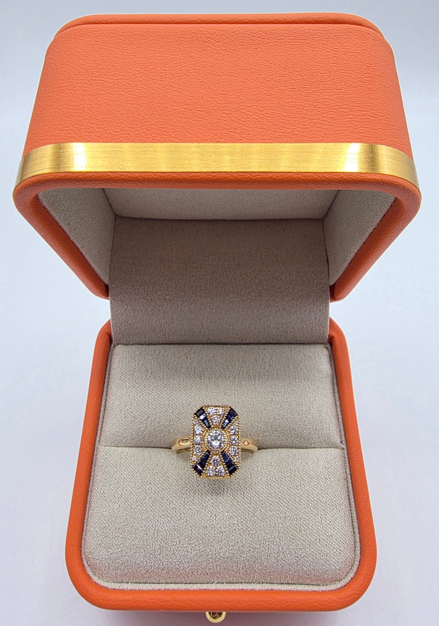 One of A Kind Custom Designed Antique Inspired Vintage Sapphire and Diamond Ring in 14K