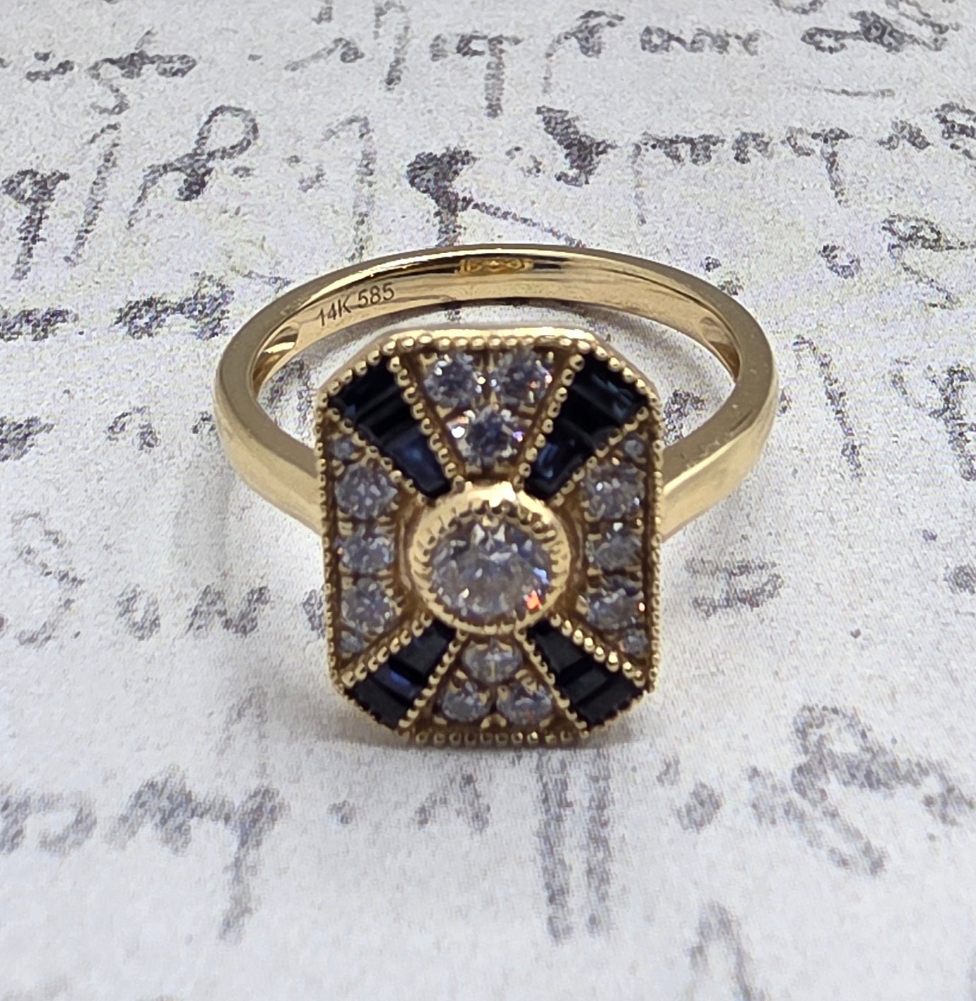 One of A Kind Custom Designed Antique Inspired Vintage Sapphire and Diamond Ring in 14K