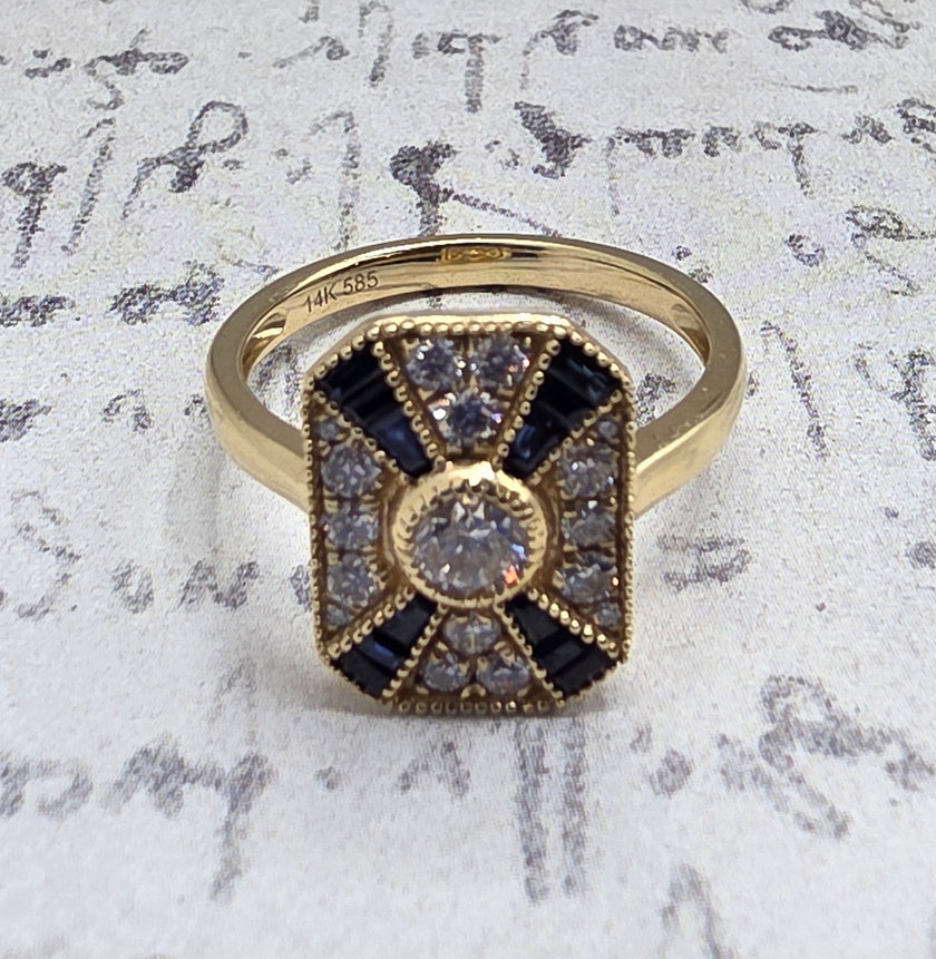 One of A Kind Custom Designed Antique Inspired Vintage Sapphire and Diamond Ring in 14K