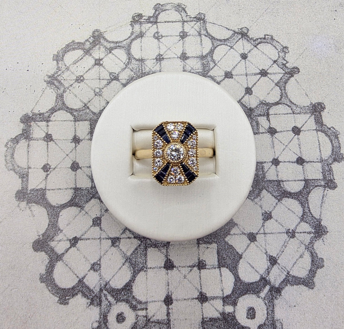 One of A Kind Custom Designed Antique Inspired Vintage Sapphire and Diamond Ring in 14K