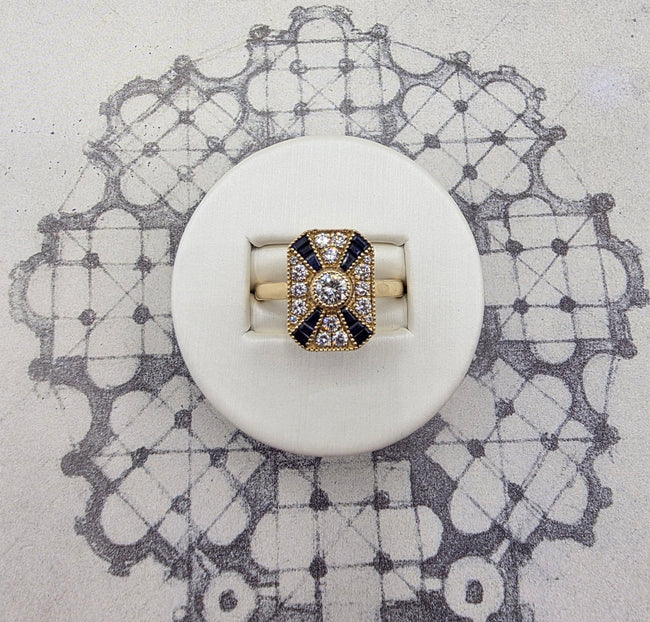 One of A Kind Custom Designed Antique Inspired Vintage Sapphire and Diamond Ring in 14K