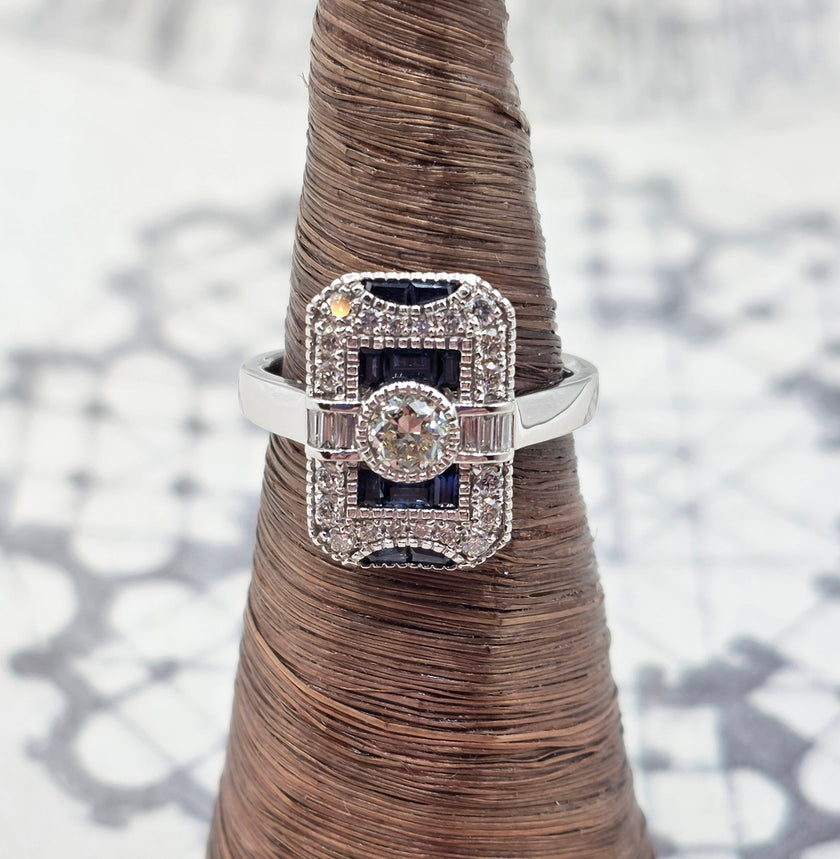 One of A Kind Antique Inspired Vintage Sapphire and Diamond Ring in 14K