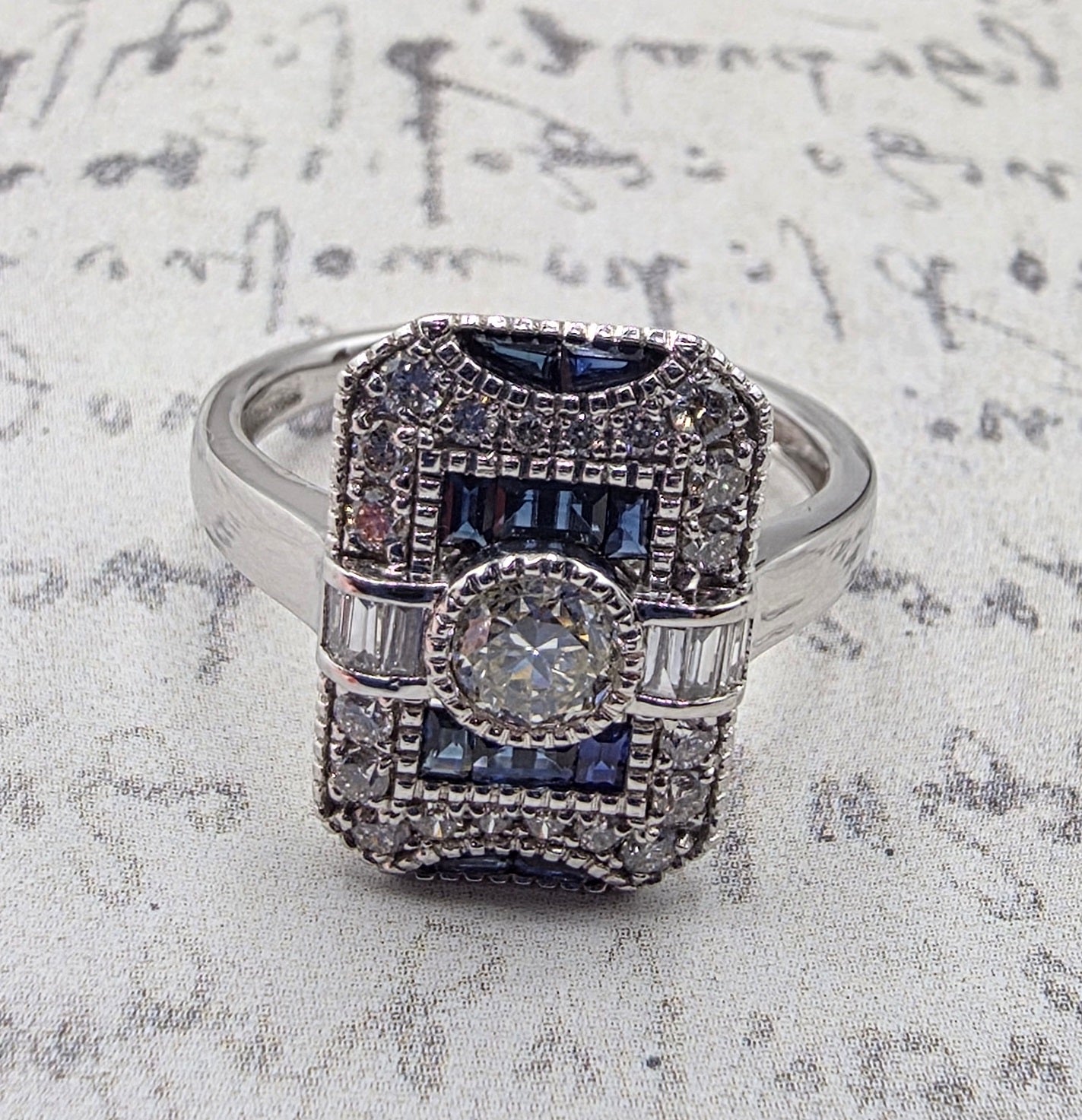 One of A Kind Antique Inspired Vintage Sapphire and Diamond Ring in 14K