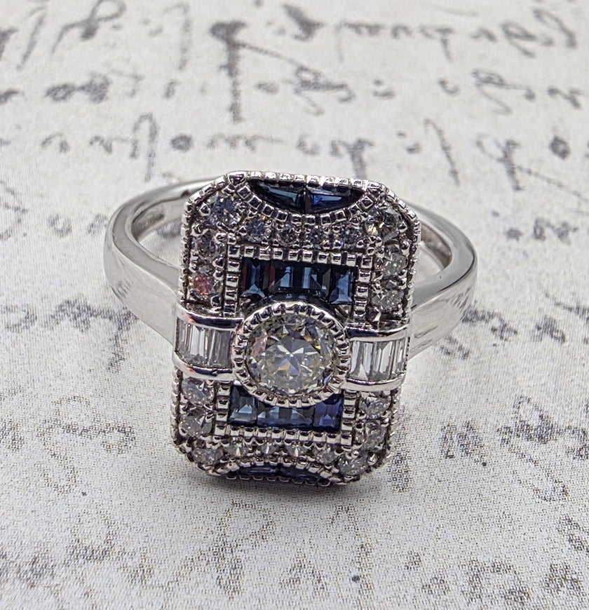 One of A Kind Antique Inspired Vintage Sapphire and Diamond Ring in 14K