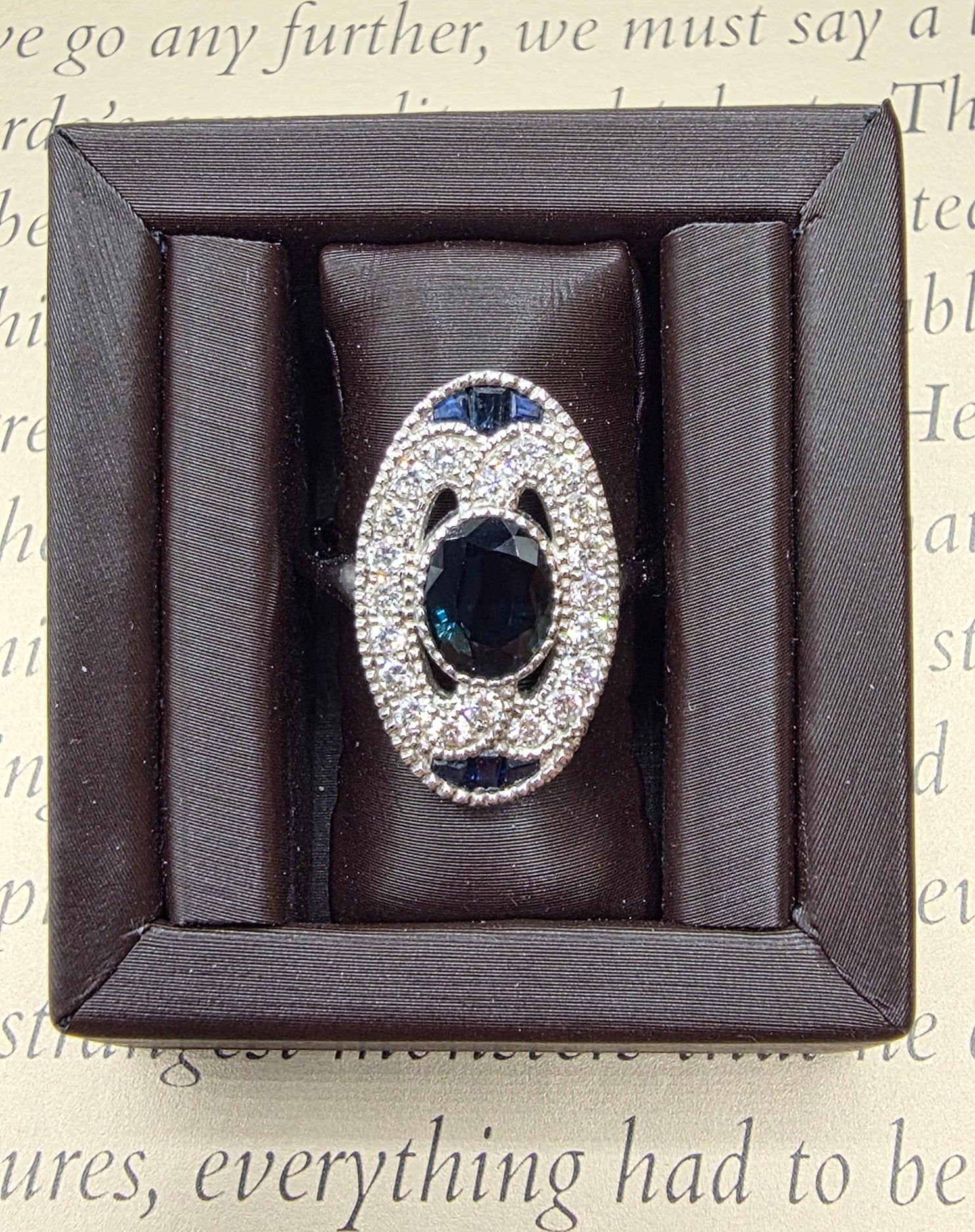 Art Deco Inspired Vintage Oval Center Sapphire and Diamond Ring in 14K
