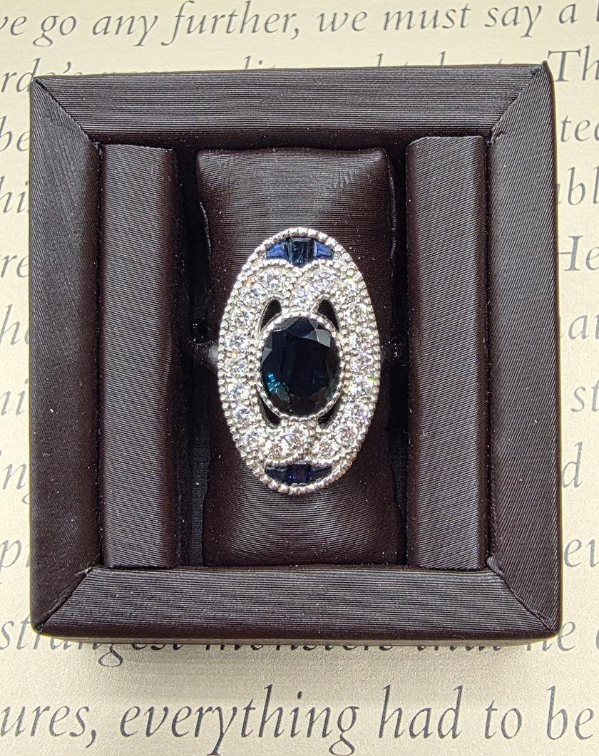 Art Deco Inspired Vintage Oval Center Sapphire and Diamond Ring in 14K