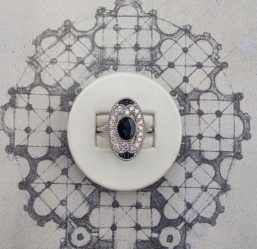 Art Deco Inspired Vintage Oval Center Sapphire and Diamond Ring in 14K
