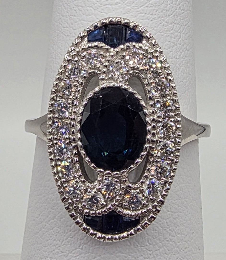 Art Deco Inspired Vintage Oval Center Sapphire and Diamond Ring in 14K
