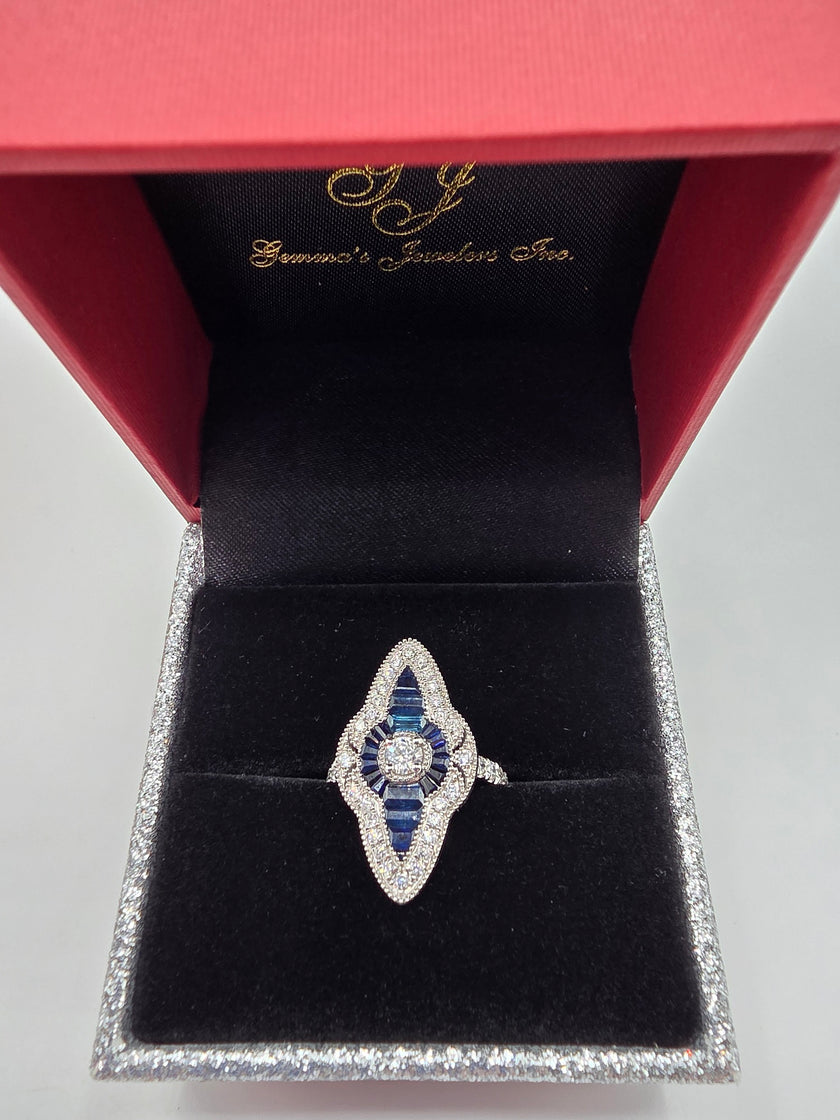 Handcrafted Art Deco Inspired Vintage Sapphire and Diamond Ring in 14K