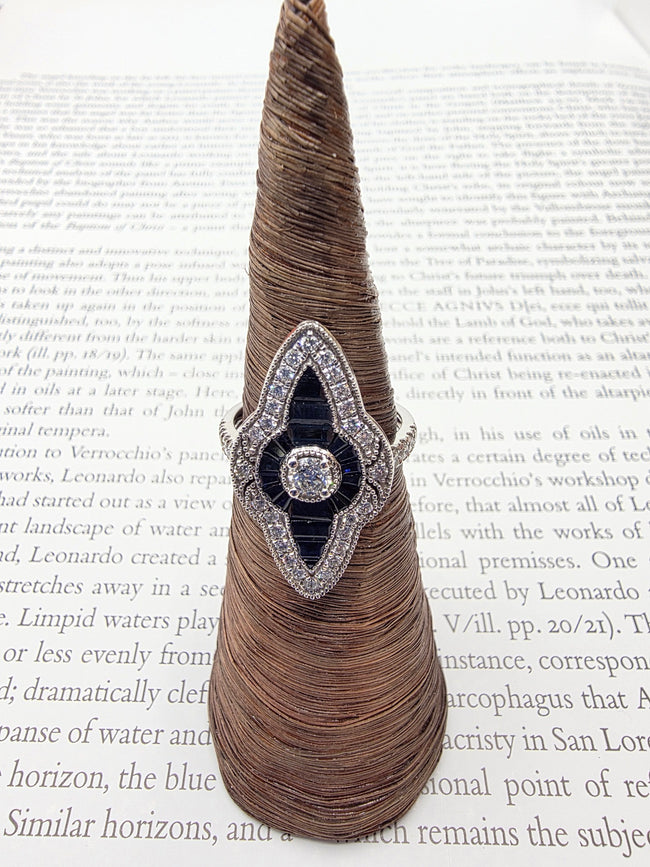 Handcrafted Art Deco Inspired Vintage Sapphire and Diamond Ring in 14K