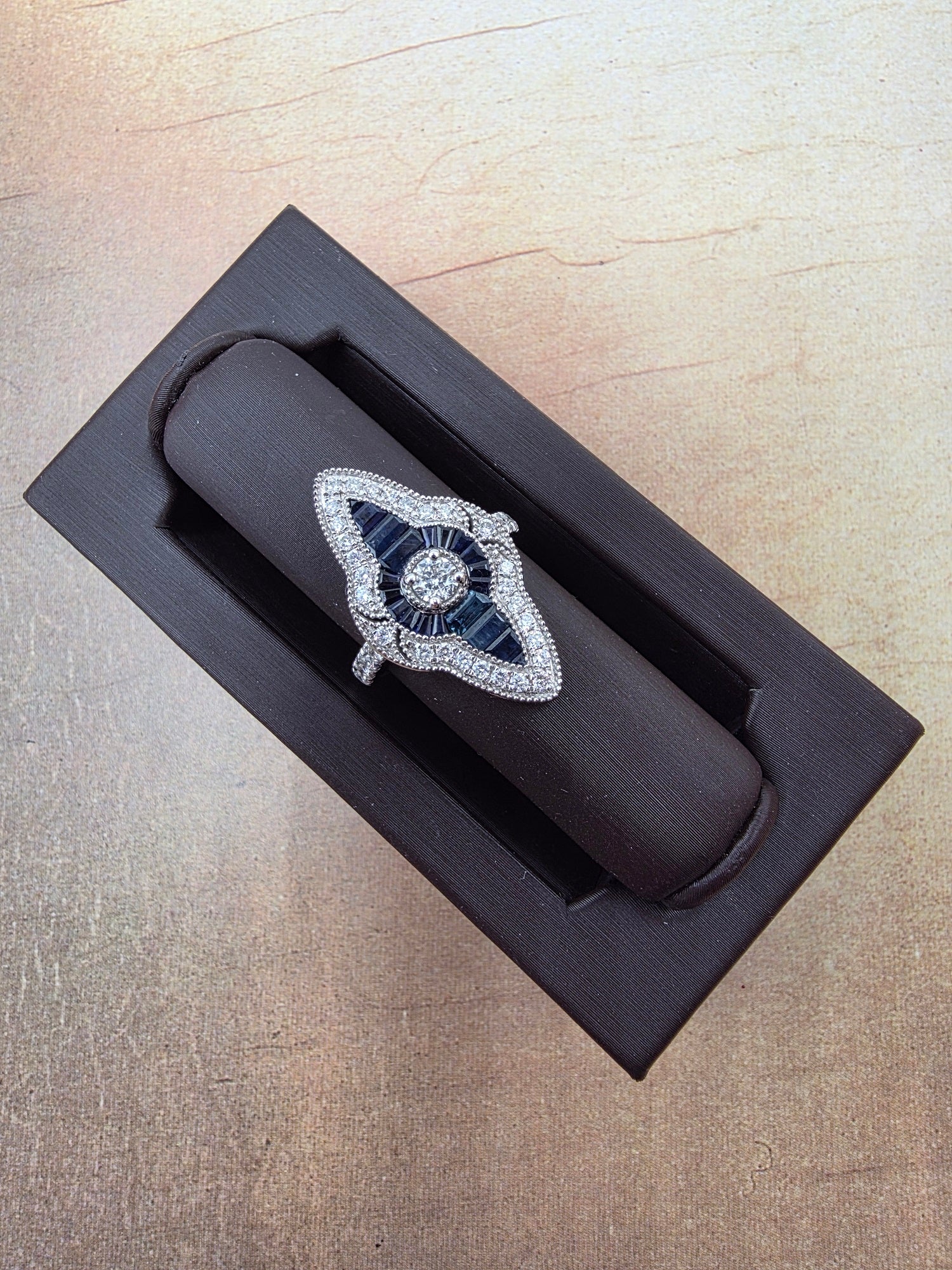 Handcrafted Art Deco Inspired Vintage Sapphire and Diamond Ring in 14K
