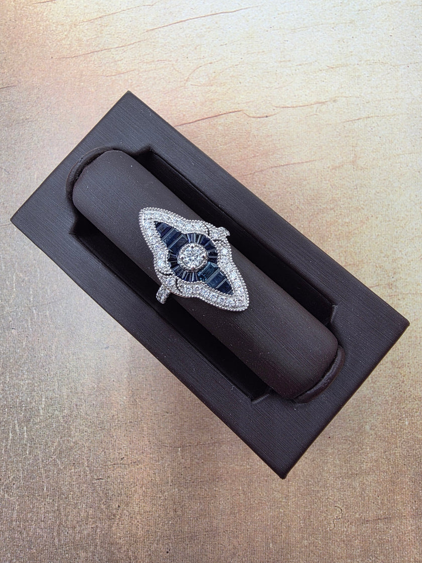 Handcrafted Art Deco Inspired Vintage Sapphire and Diamond Ring in 14K