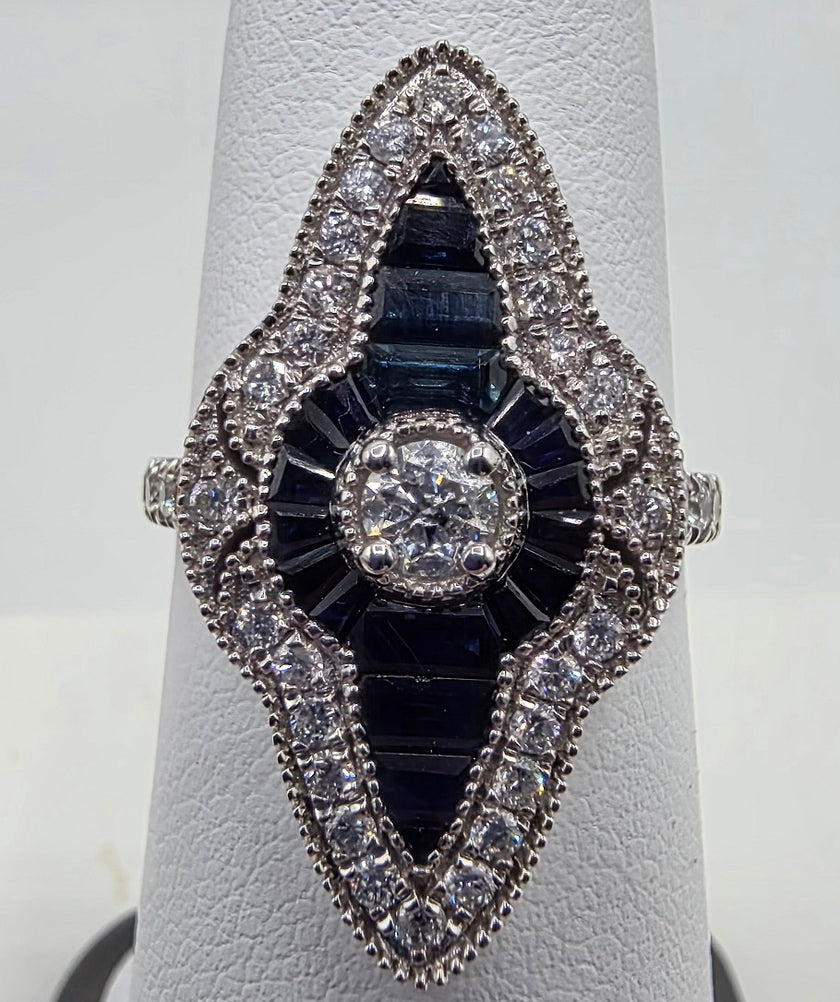 Handcrafted Art Deco Inspired Vintage Sapphire and Diamond Ring in 14K
