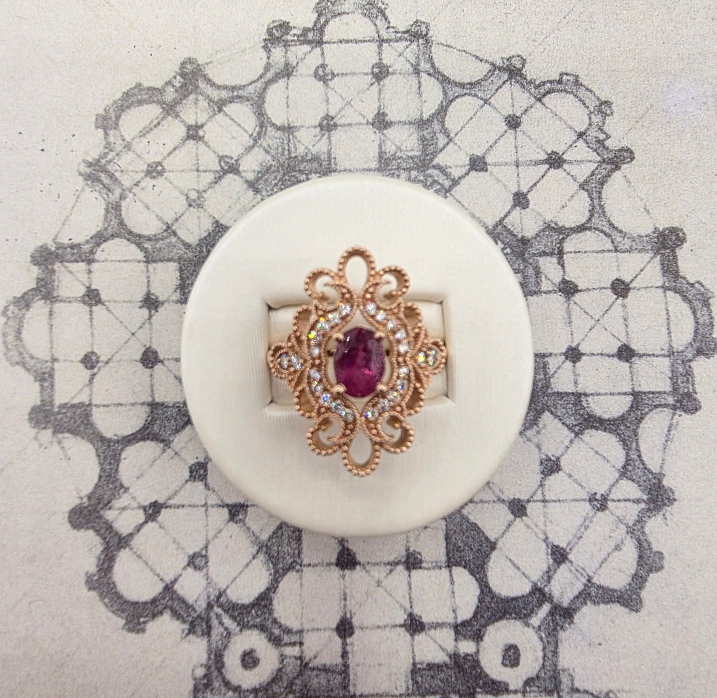 Handcrafted Vintage Inspired Pink Tourmaline and Diamond Ring in 14K Rose Gold