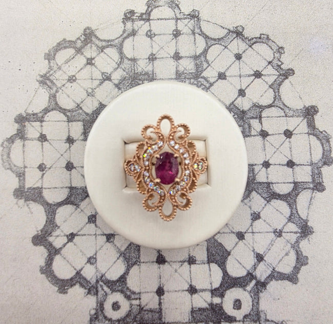 Handcrafted Vintage Inspired Pink Tourmaline and Diamond Ring in 14K Rose Gold