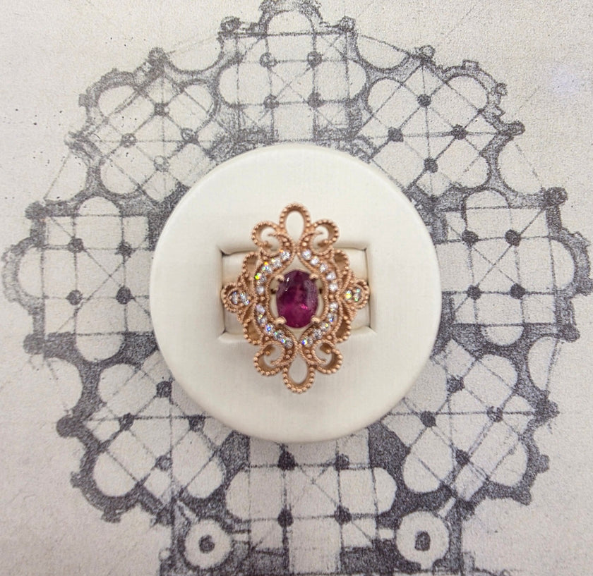 Handcrafted Vintage Inspired Pink Tourmaline and Diamond Ring in 14K Rose Gold