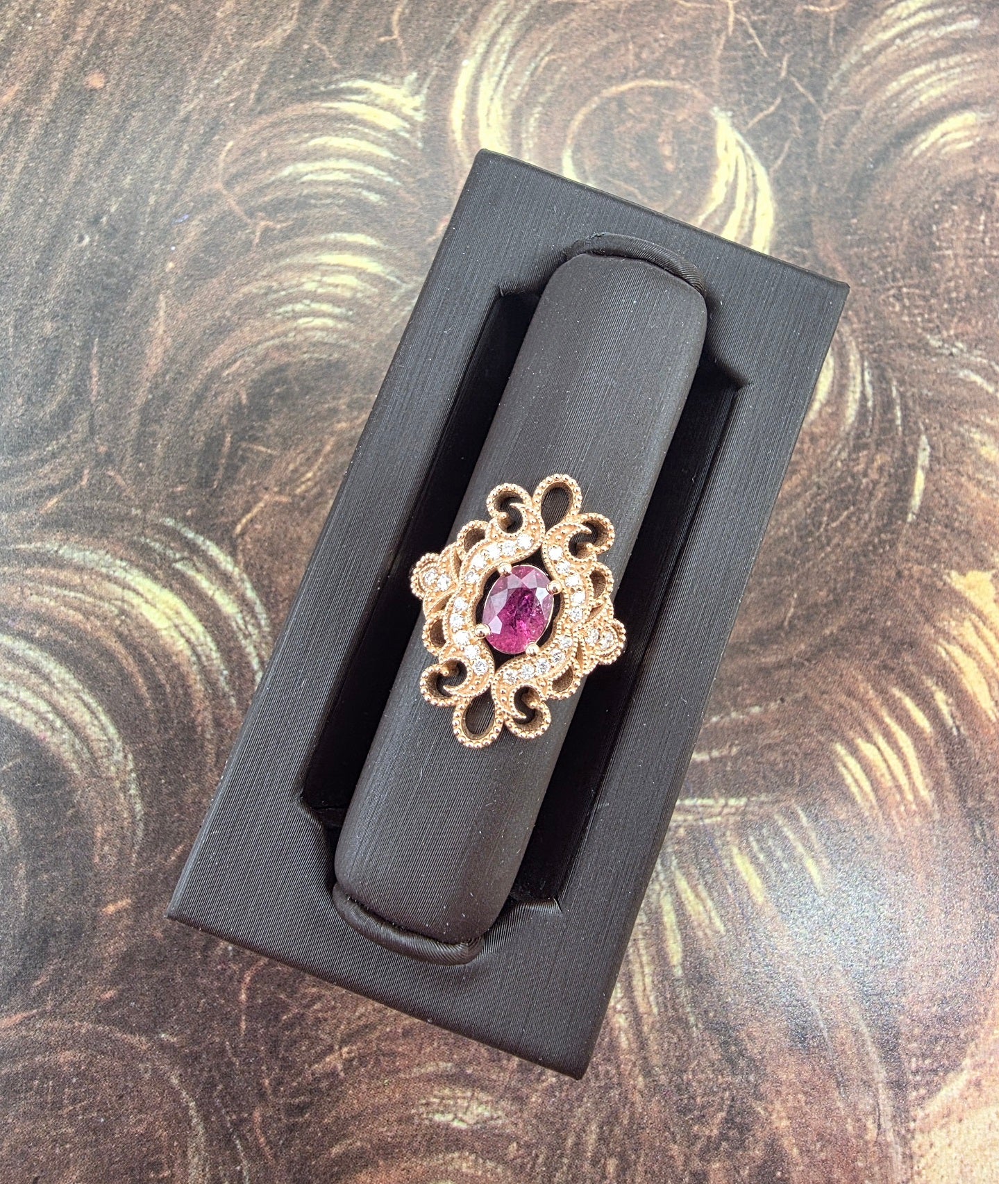 Handcrafted Vintage Inspired Pink Tourmaline and Diamond Ring in 14K Rose Gold
