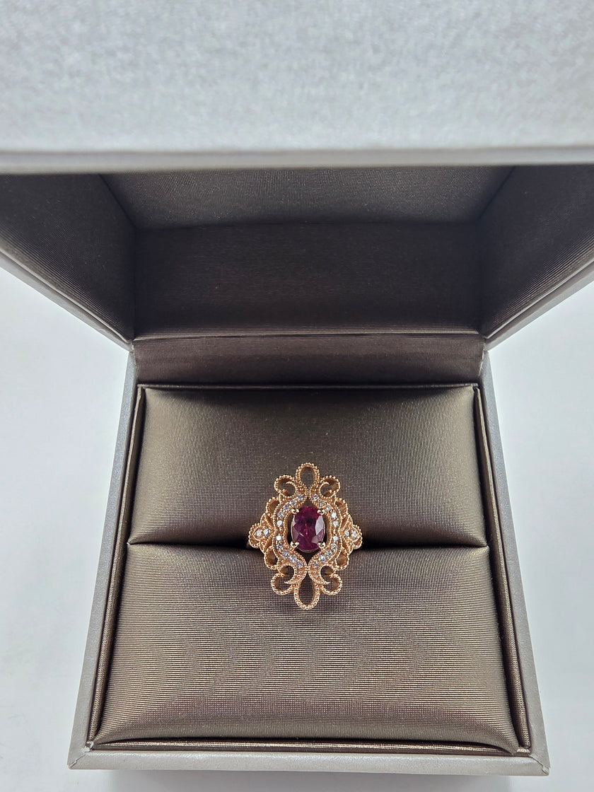 Handcrafted Vintage Inspired Pink Tourmaline and Diamond Ring in 14K Rose Gold