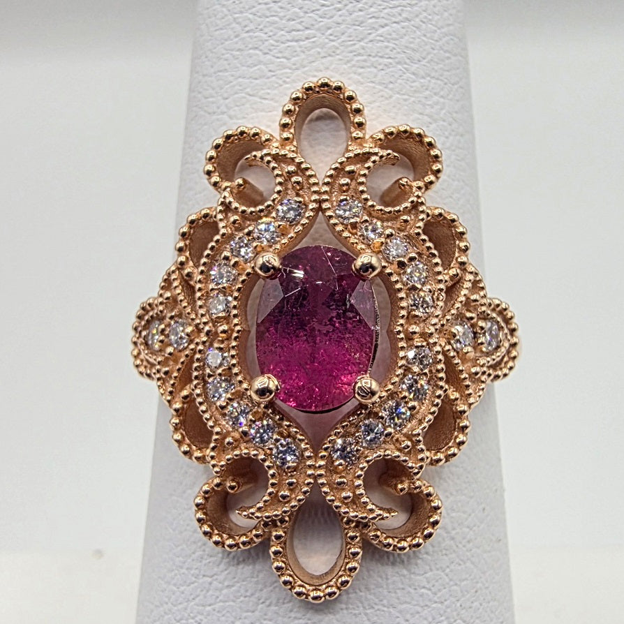 Handcrafted Vintage Inspired Pink Tourmaline and Diamond Ring in 14K Rose Gold