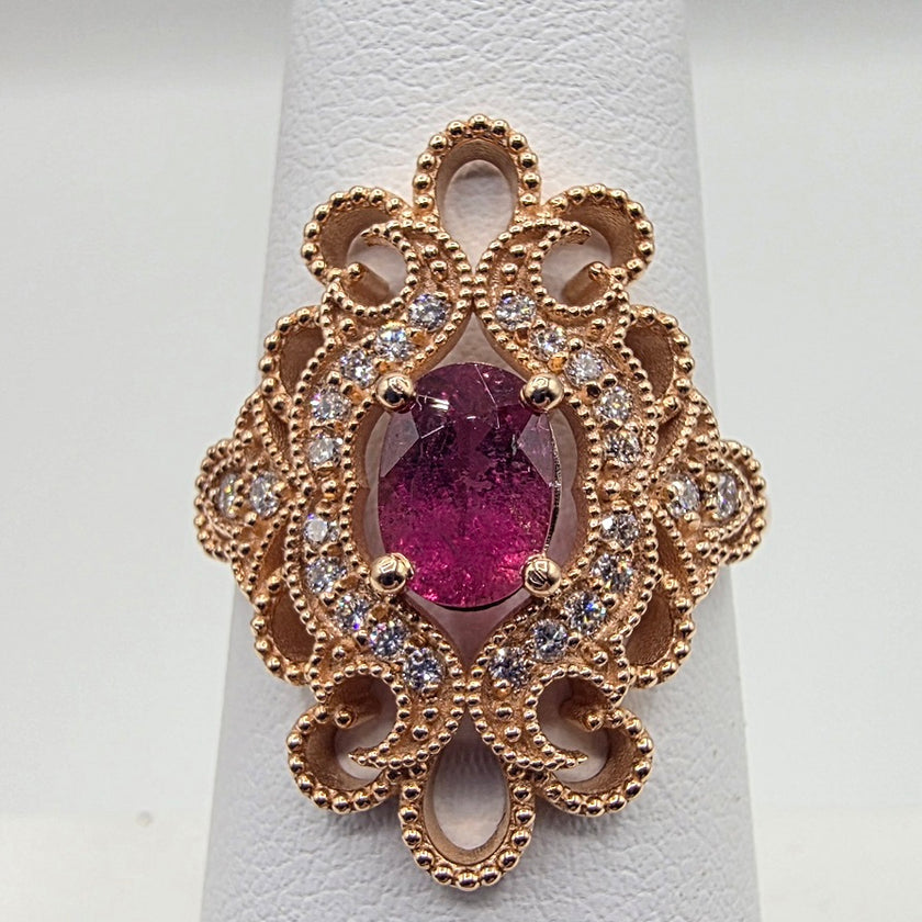Handcrafted Vintage Inspired Pink Tourmaline and Diamond Ring in 14K Rose Gold