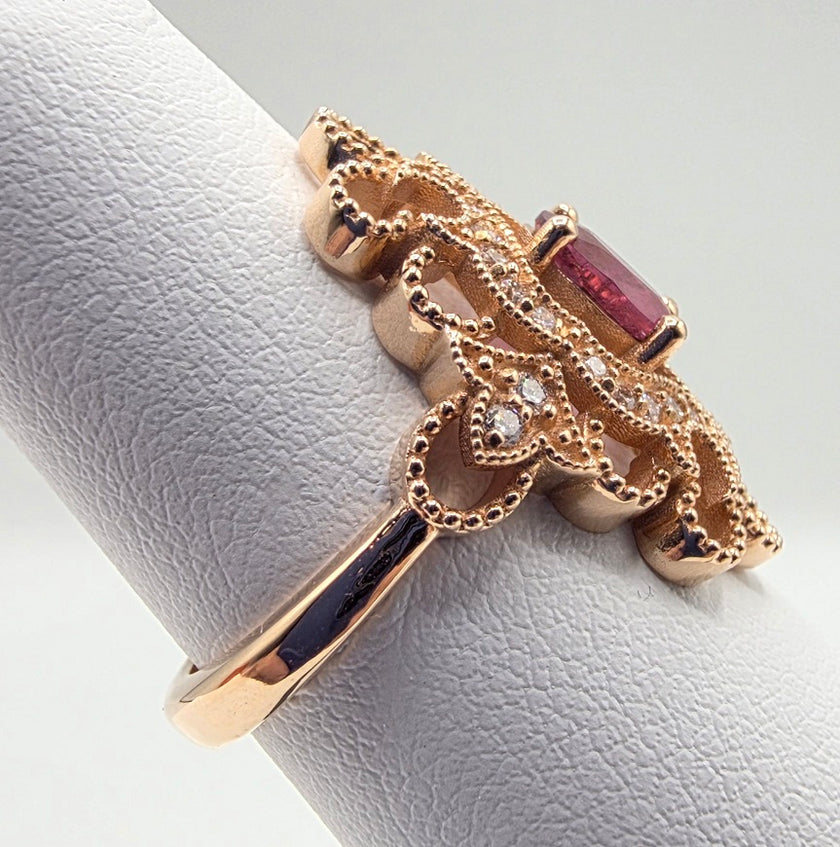Handcrafted Vintage Inspired Pink Tourmaline and Diamond Ring in 14K Rose Gold