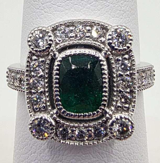Vintage Inspired Glorious Deep Green Emerald and Diamond Ring in 14K