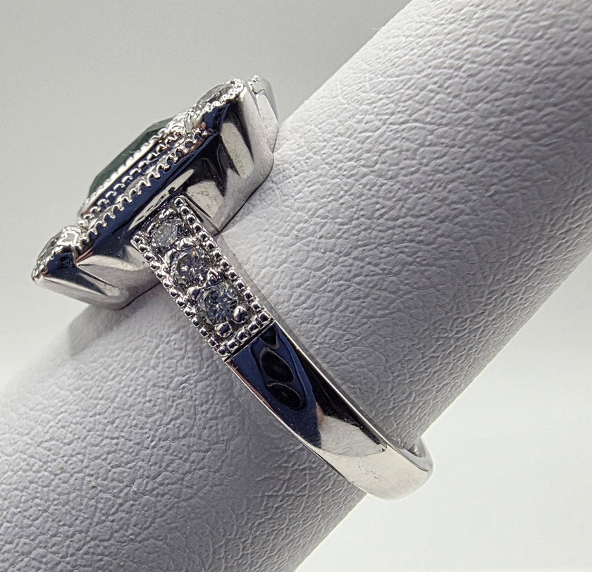 Vintage Inspired Glorious Deep Green Emerald and Diamond Ring in 14K