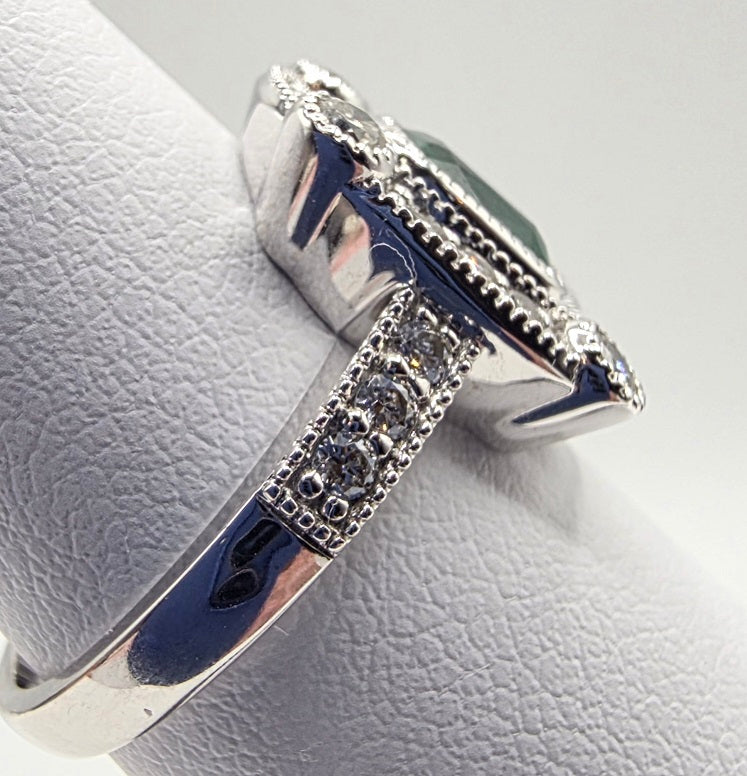Vintage Inspired Glorious Deep Green Emerald and Diamond Ring in 14K