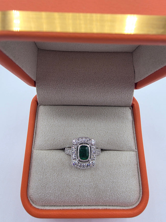 Vintage Inspired Glorious Deep Green Emerald and Diamond Ring in 14K