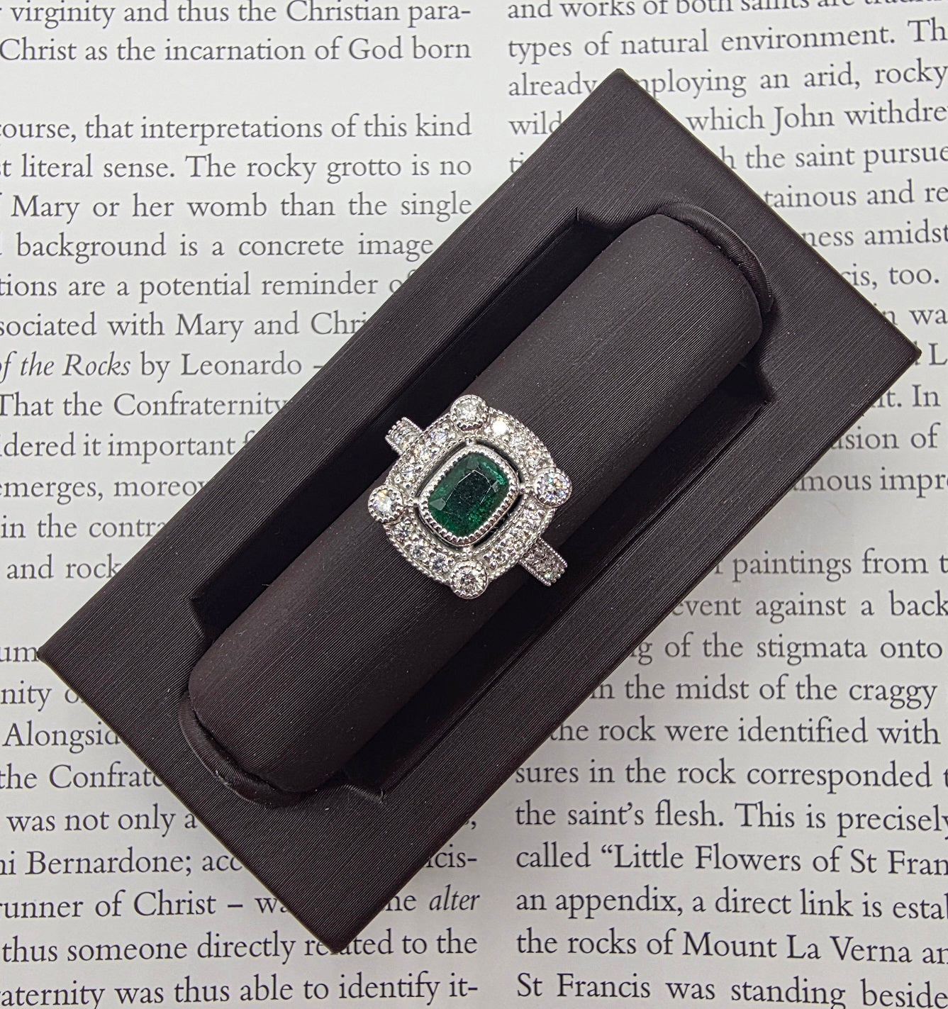 Vintage Inspired Glorious Deep Green Emerald and Diamond Ring in 14K