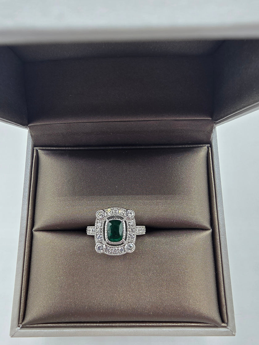 Vintage Inspired Glorious Deep Green Emerald and Diamond Ring in 14K