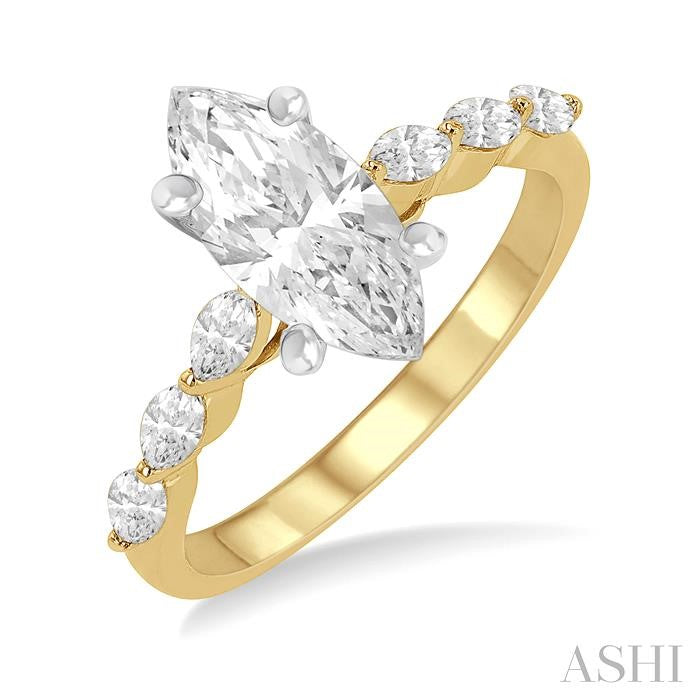 2 Carat marquise cut center diamond, set within a graceful white gold marquise-shaped mount.