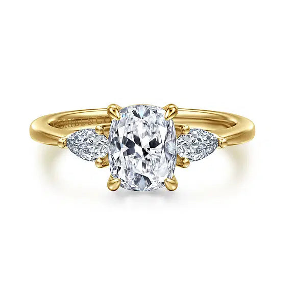 14K Yellow Gold Elongated Cushion Three Stone Diamond Engagement Ring