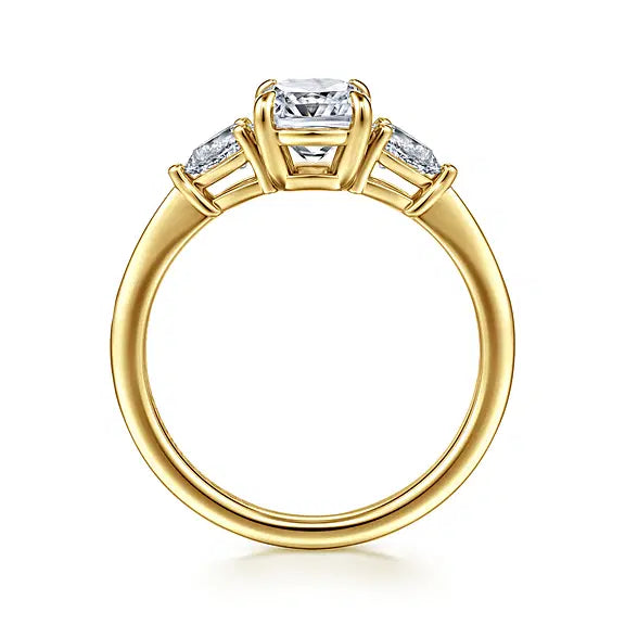 14K Yellow Gold Elongated Cushion Three Stone Diamond Engagement Ring