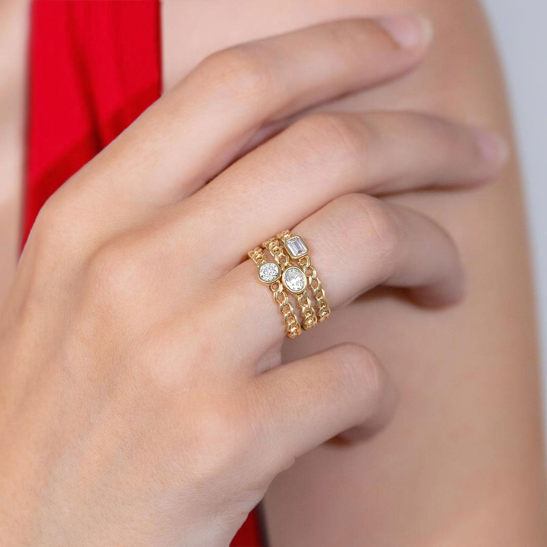 Emerald Shape Bezel Curb Diamond Fashion Ring