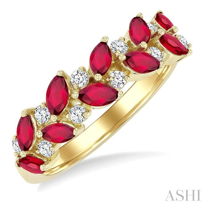 Wreath Design Marquise Ruby and Diamond Ring Band in 14K Yellow Gold