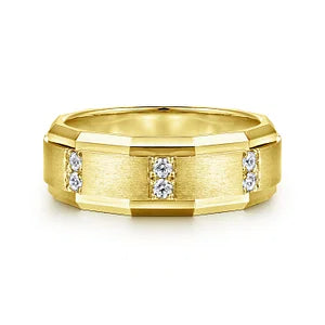 Modern Design 8mm Diamond Satin Finish Mens Ring in 14K Gold