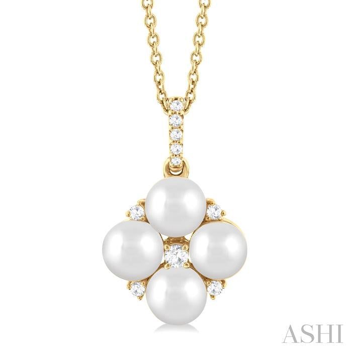 Fun Floral Cluster Pearl and Diamond Fashion Pendant in 10K Yellow Gold