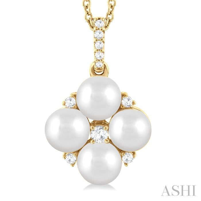 Fun Floral Cluster Pearl and Diamond Fashion Pendant in 10K Yellow Gold