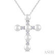 Lovely Pearl and 1/6ct Diamond Fashion Cross Pendant in 10K White Gold