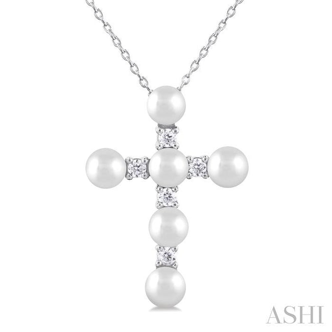 Lovely Pearl and 1/6ct Diamond Fashion Cross Pendant in 10K White Gold