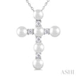 Lovely Pearl and 1/6ct Diamond Fashion Cross Pendant in 10K White Gold