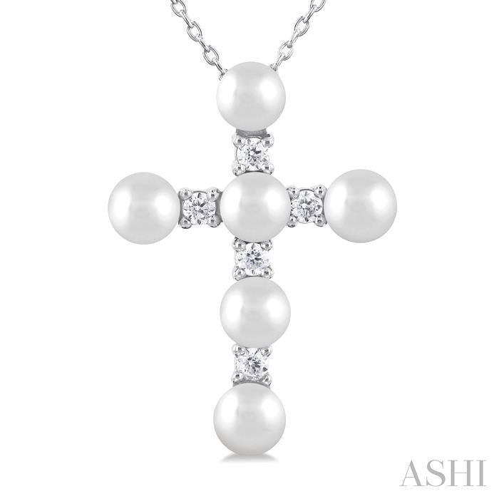 Lovely Pearl and 1/6ct Diamond Fashion Cross Pendant in 10K White Gold