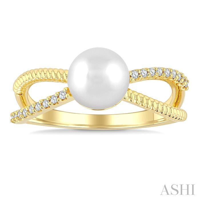 Modern Design Pearl and Diamond Criss-Cross Fashion Ring in 10K Yellow Gold
